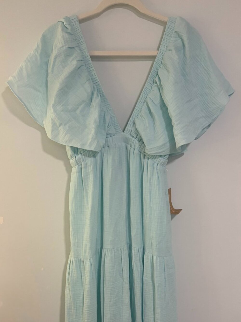 NWT o.p.t Lido Flutter Sleeve Tiered Gauze V-Neck Maxi Dress Light Blue S